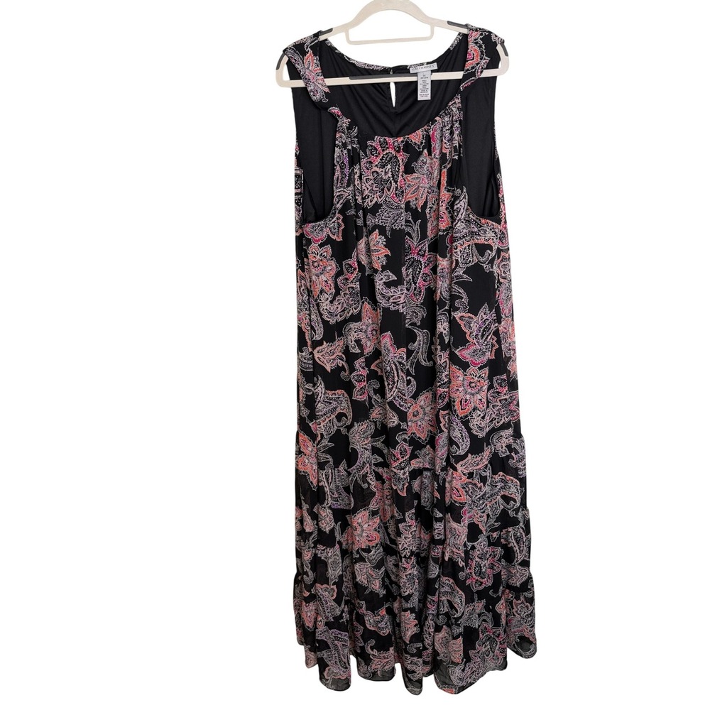 Catherines Womens 3X Maxi Dress Paisley Sleeveless Tiered Chiffon Black Pink